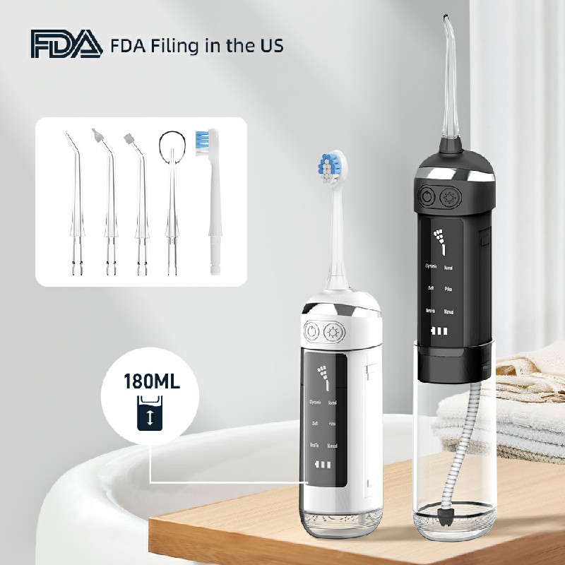 Irrigateur oral portable dentaire à eau dentaire Flusser IPX7 imperméable rechargeable 6 modes Nettoyer de dents 180 ml Jet d\'eau dentaire